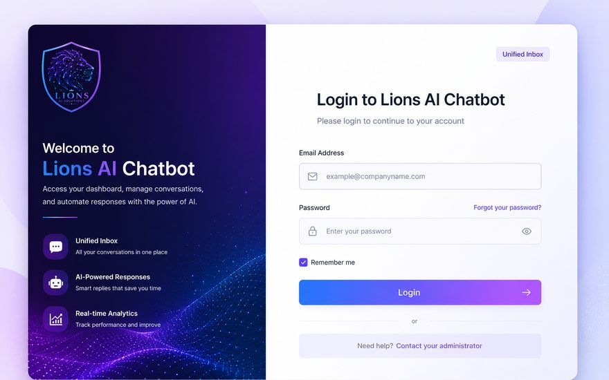 Lions AI Chatbot Unified Inbox login screen