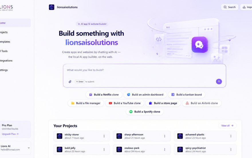 Lions Web Builder AI app and website builder dashboard